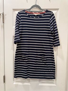 Boden 100% Cotton Navy and White Striped Midi Shift Dress with Front Pockets